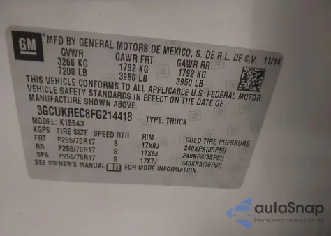 2015 Chevrolet Silverado 1Lt from USA, damaged, VIN 3GCUKREC8FG214418